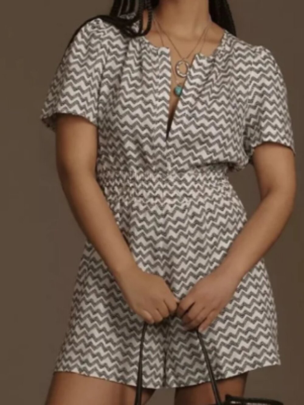 Anthropologie Somerset Linen Romper, Black/White Pattern, Size 1X, Nw/oT